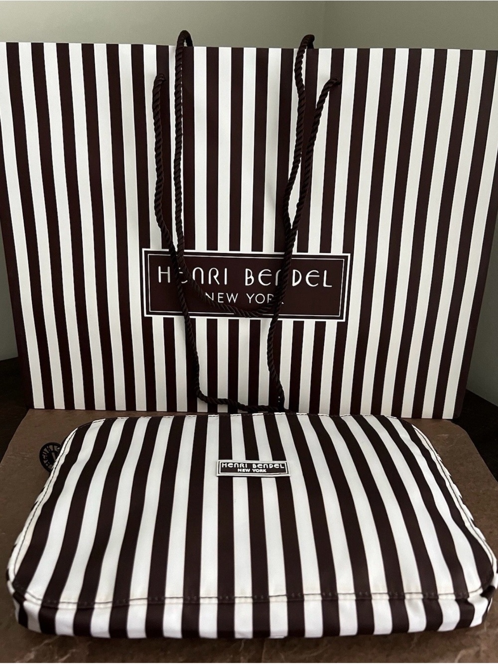 Henri Bendel Brown and White Striped packable backpack, lightweight, zip around